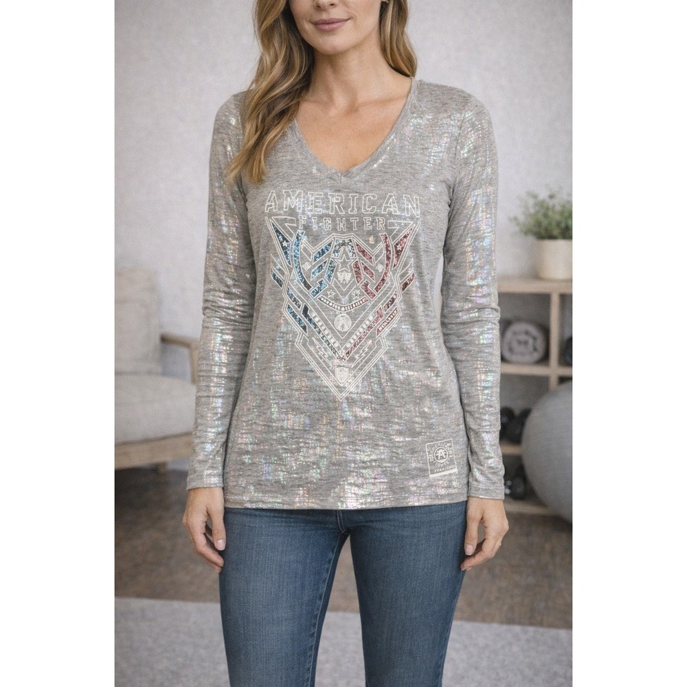 MMA American Fighter Women's Silver Foil Buckle Graphic Long Sleeve NWT XS